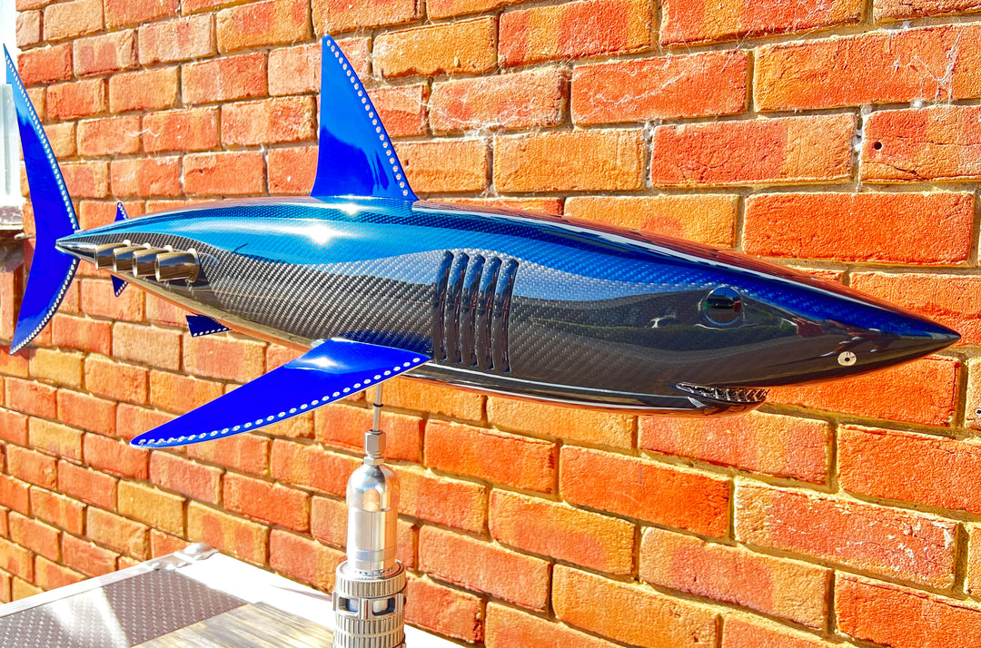 Alastair Gibson CarbonArt45 carbon fibre mako shark sculpture with aluminium fins and Formula One components, aerodynamic contemporary design