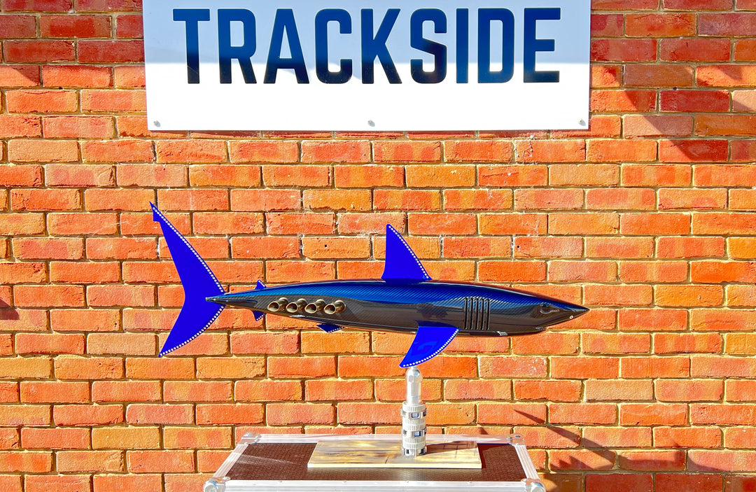 Alastair Gibson CarbonArt45 carbon fibre mako shark sculpture with aluminium fins and Formula One components, aerodynamic contemporary design