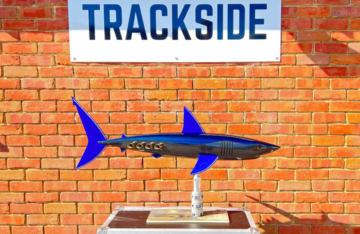 Alastair Gibson CarbonArt45 carbon fibre mako shark sculpture with aluminium fins and Formula One components, aerodynamic contemporary design