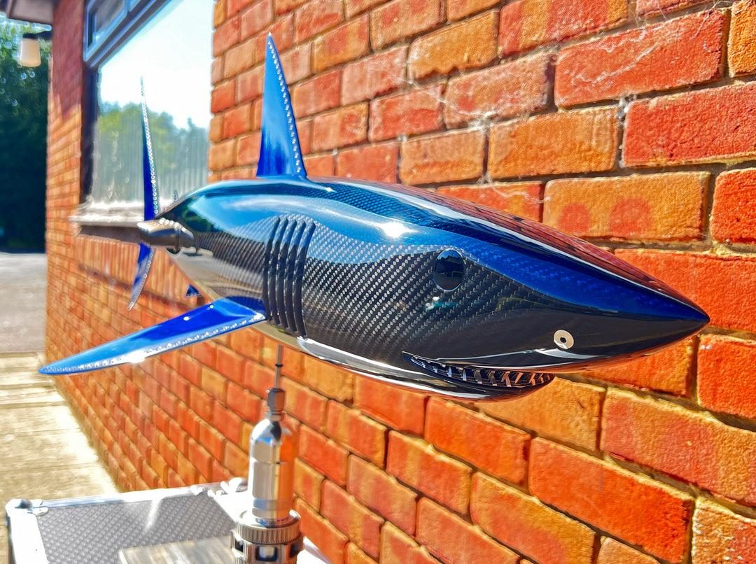 Alastair Gibson CarbonArt45 carbon fibre mako shark sculpture with aluminium fins and Formula One components, aerodynamic contemporary design