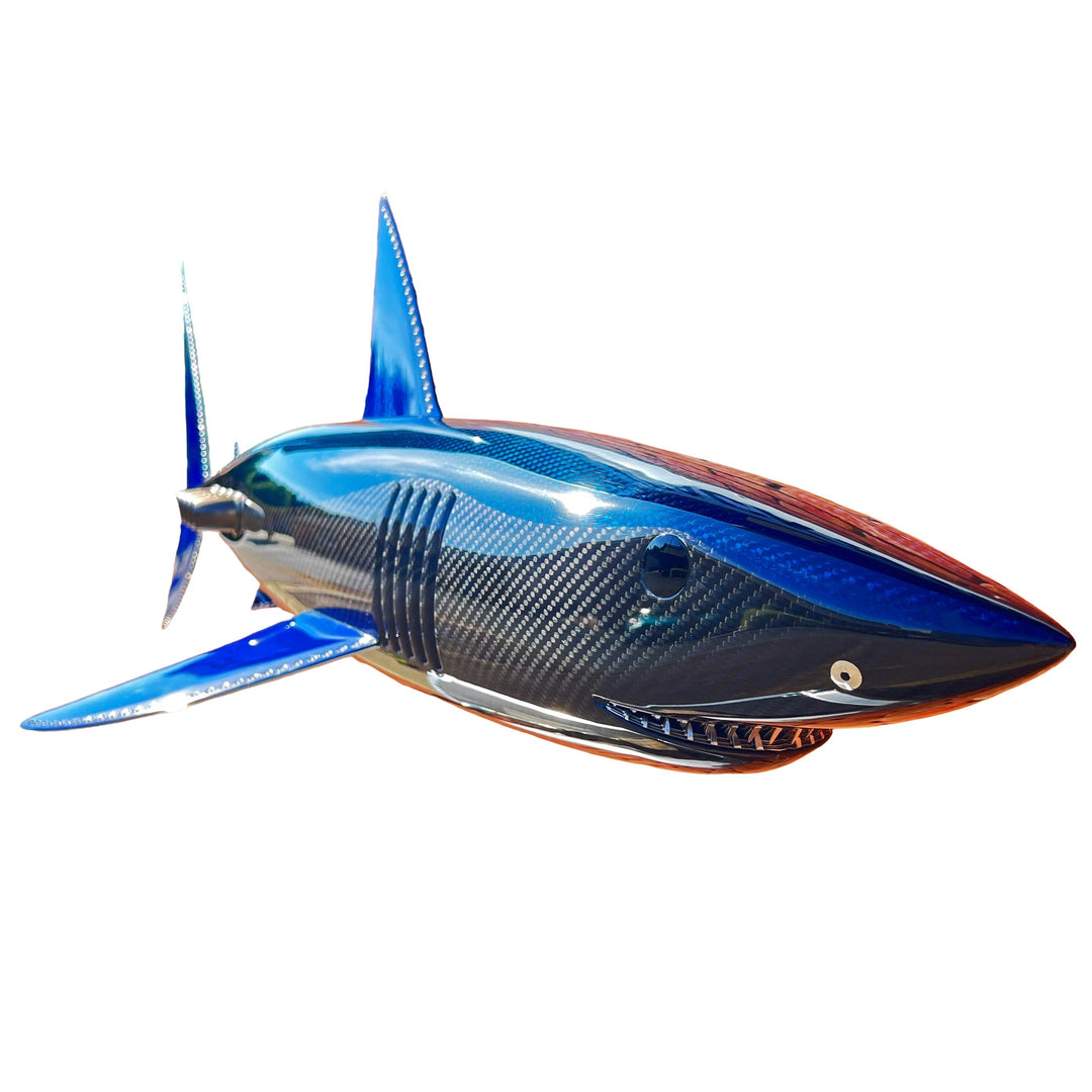 Alastair Gibson CarbonArt45 carbon fibre mako shark sculpture with aluminium fins and Formula One components, aerodynamic contemporary design