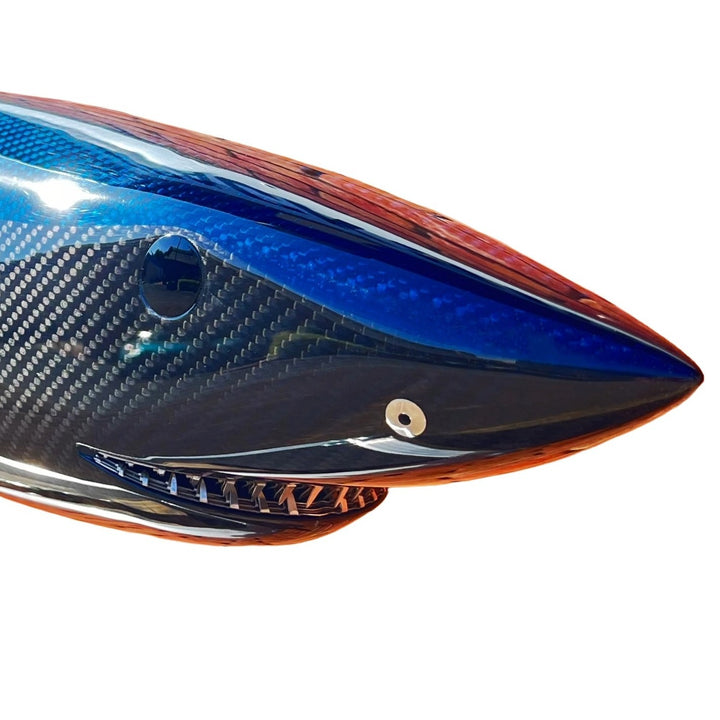 Alastair Gibson CarbonArt45 carbon fibre mako shark sculpture with aluminium fins and Formula One components, aerodynamic contemporary design