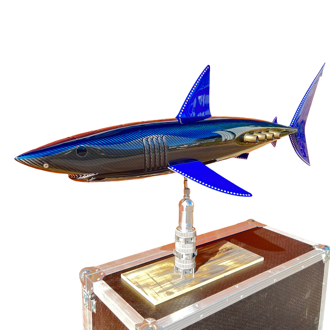 Alastair Gibson CarbonArt45 carbon fibre mako shark sculpture with aluminium fins and Formula One components, aerodynamic contemporary design
