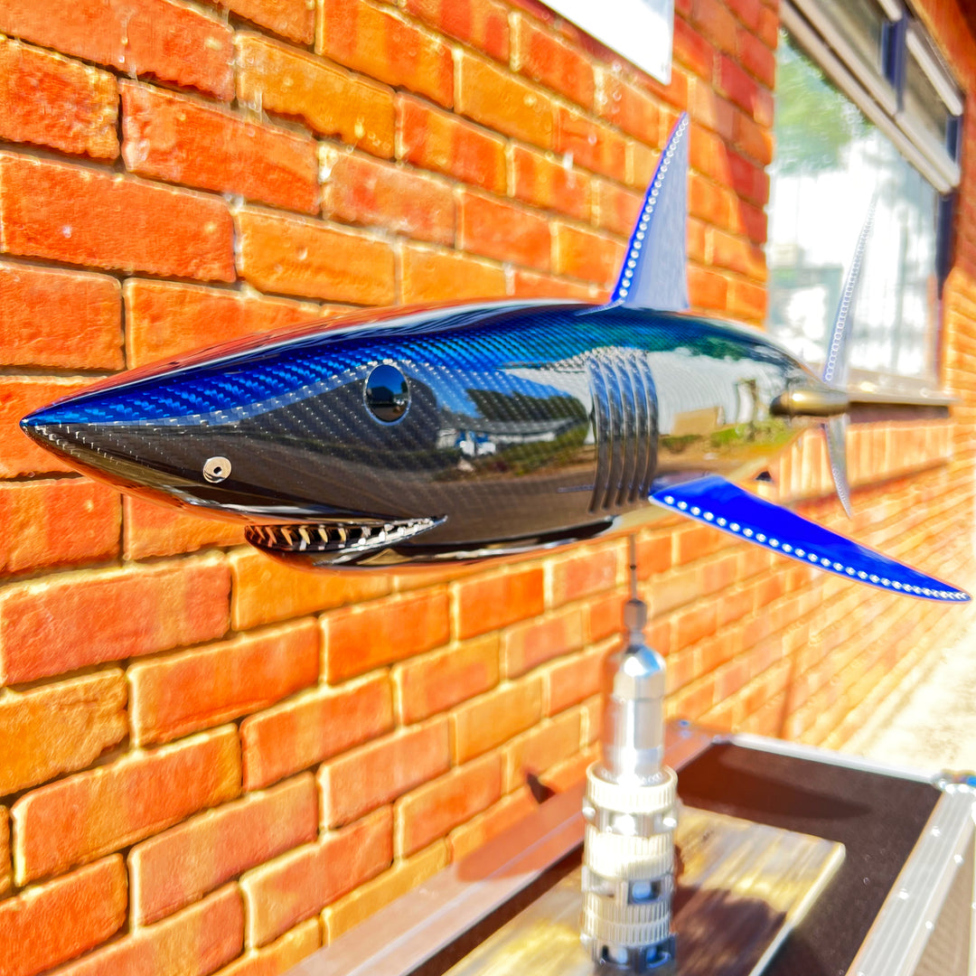 Alastair Gibson CarbonArt45 carbon fibre mako shark sculpture with aluminium fins and Formula One components, aerodynamic contemporary design