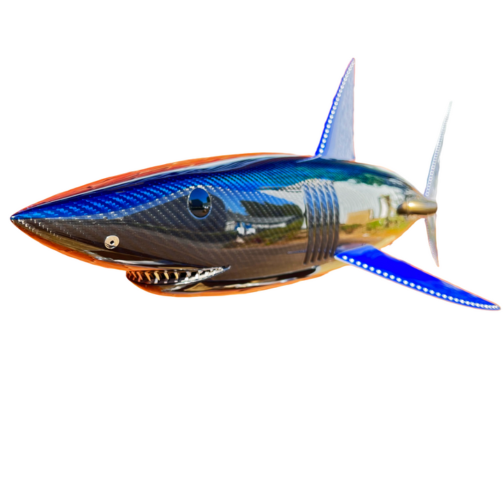 Alastair Gibson CarbonArt45 carbon fibre mako shark sculpture with aluminium fins and Formula One components, aerodynamic contemporary design