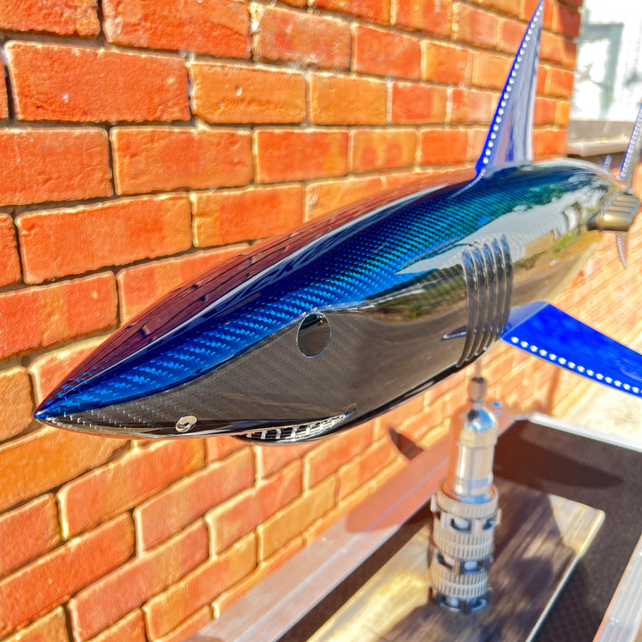 Alastair Gibson CarbonArt45 carbon fibre mako shark sculpture with aluminium fins and Formula One components, aerodynamic contemporary design