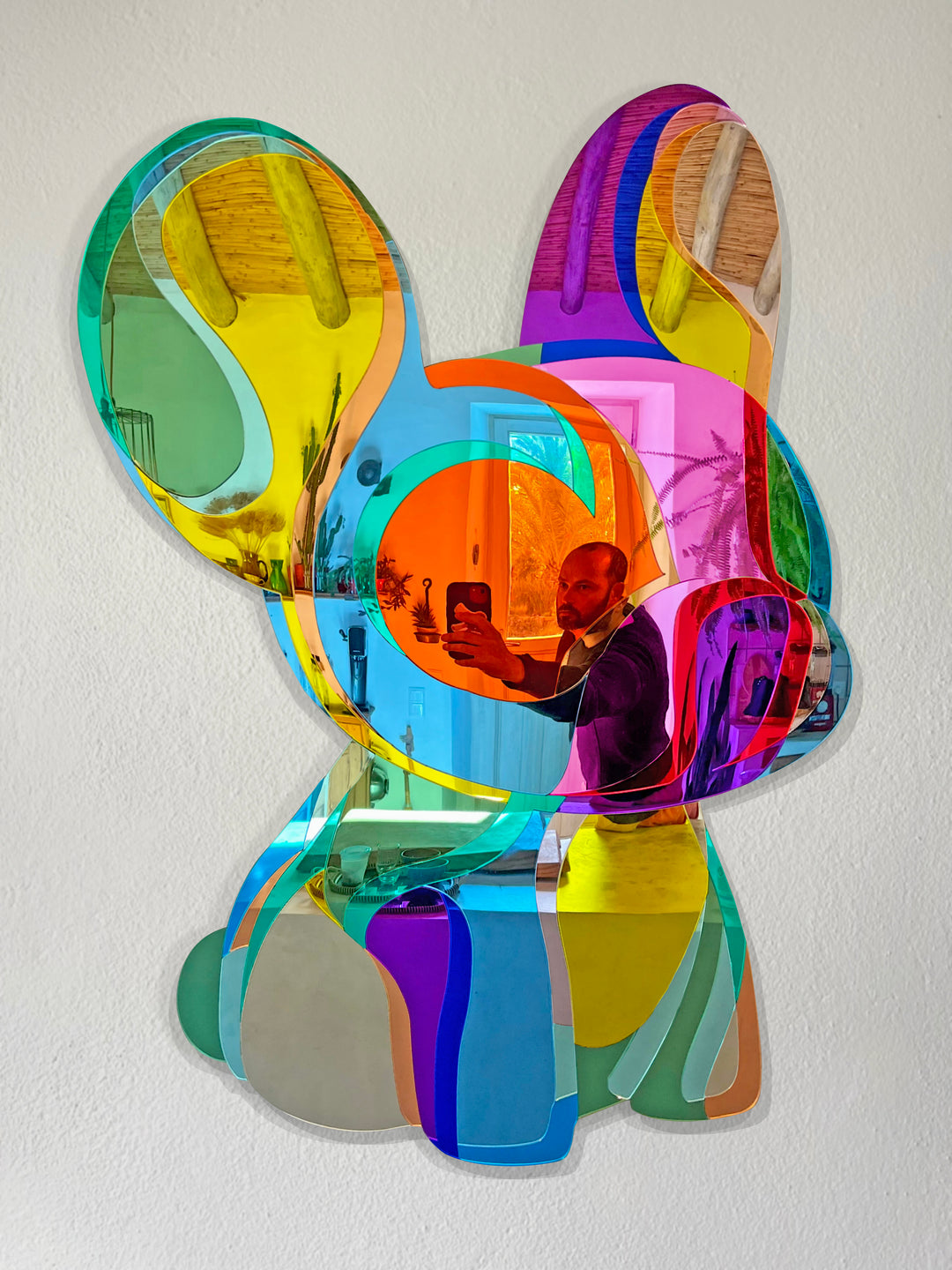 Vibrant, multi-coloured wall sculpture by Yoni Alter in the shape of a stylised French Bulldog, crafted from layered acrylic mirrors with bold, fluid contours and a high-gloss finish. The reflective surfaces create playful distortions of light and environment, merging pop art energy with contemporary design.