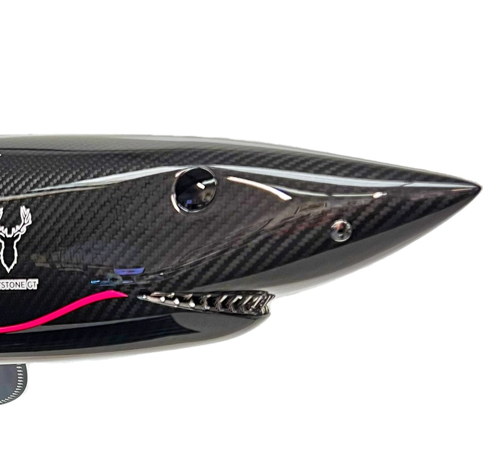 Alastair Gibson CarbonArt45 carbon fibre mako shark sculpture with aluminium fins and Formula One components, aerodynamic contemporary design