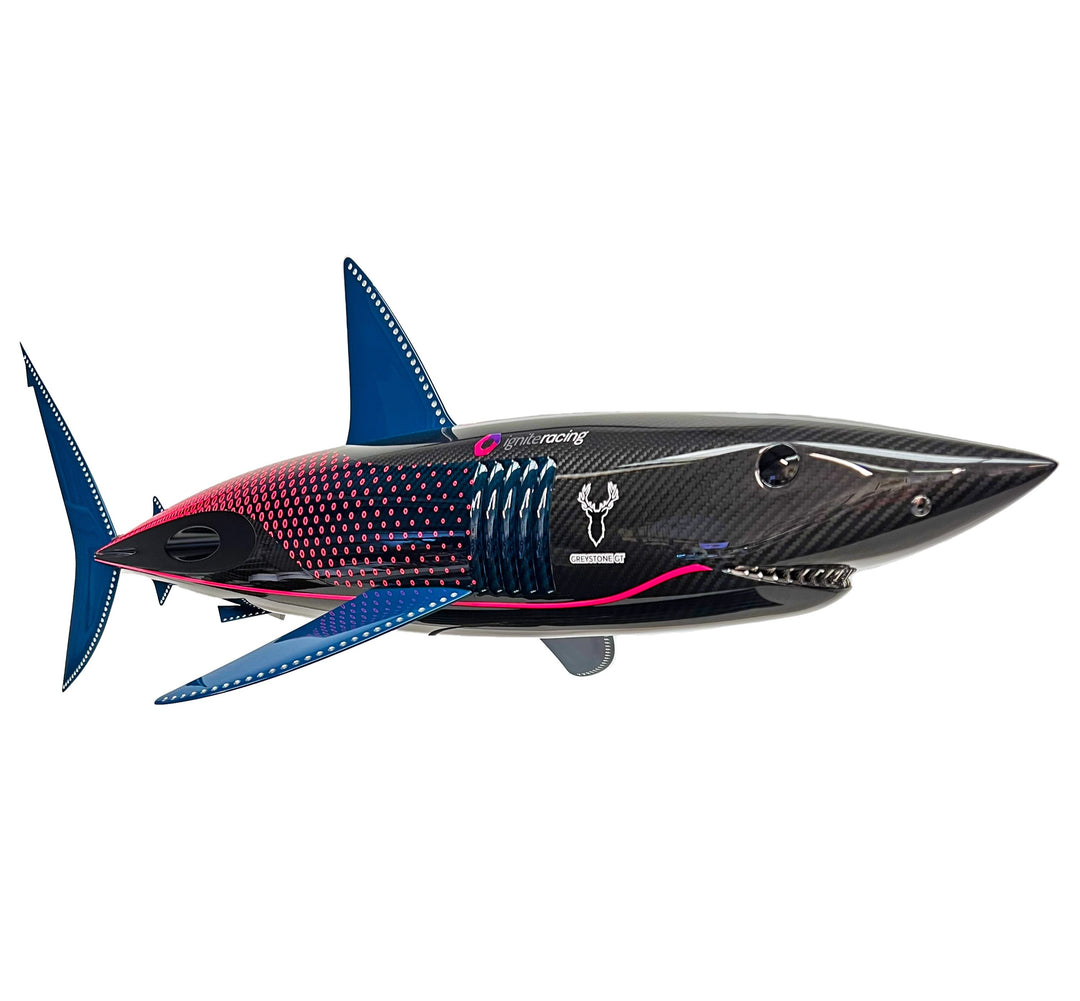 Alastair Gibson CarbonArt45 carbon fibre mako shark sculpture with aluminium fins and Formula One components, aerodynamic contemporary design