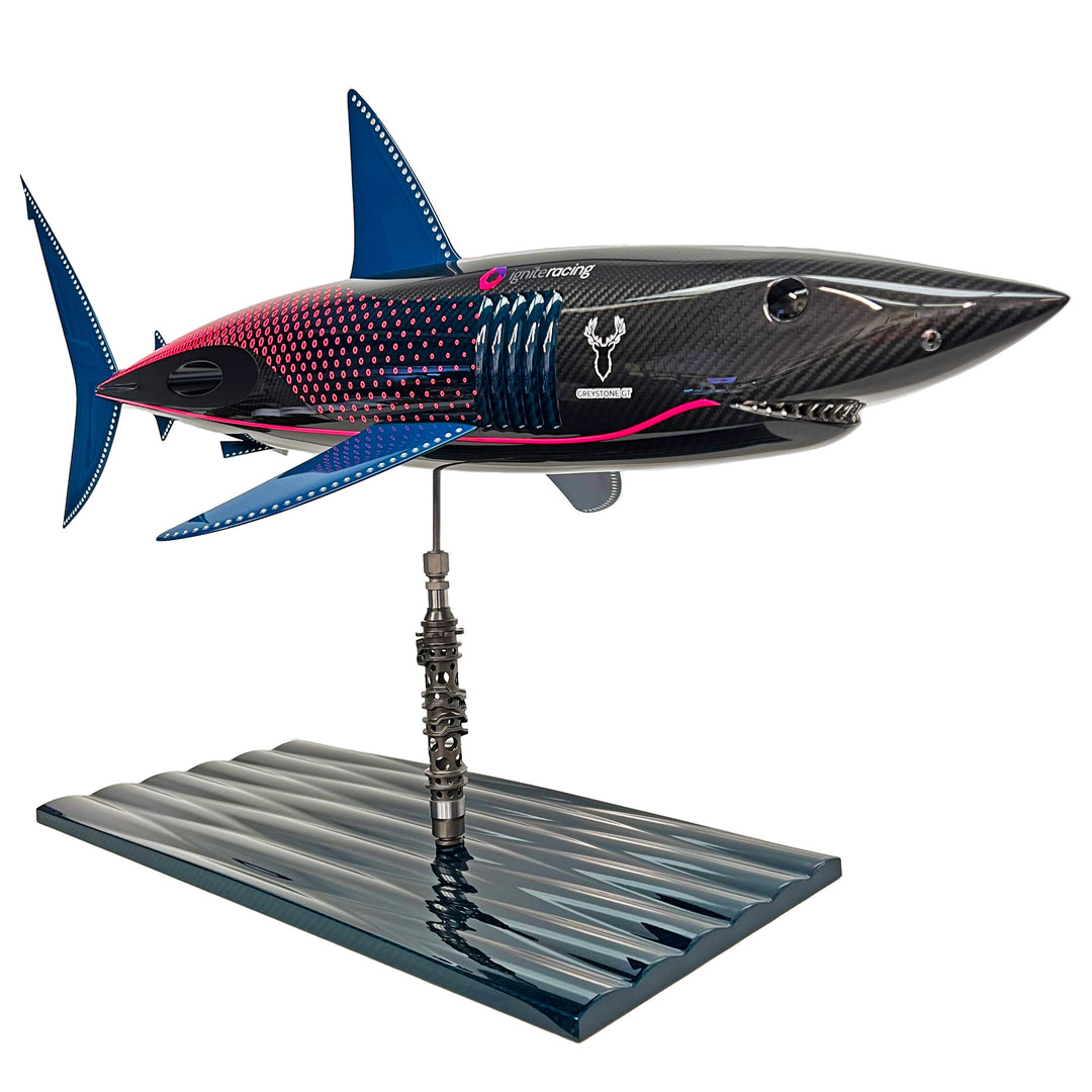 Alastair Gibson CarbonArt45 carbon fibre mako shark sculpture with aluminium fins and Formula One components, aerodynamic contemporary design