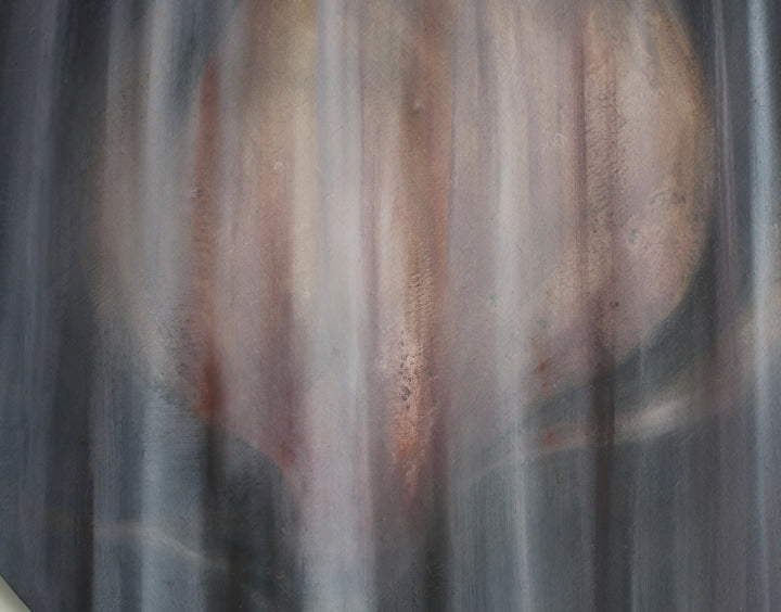 Abstract floral painting in deep plum and grey tones with vertical blurred texture.