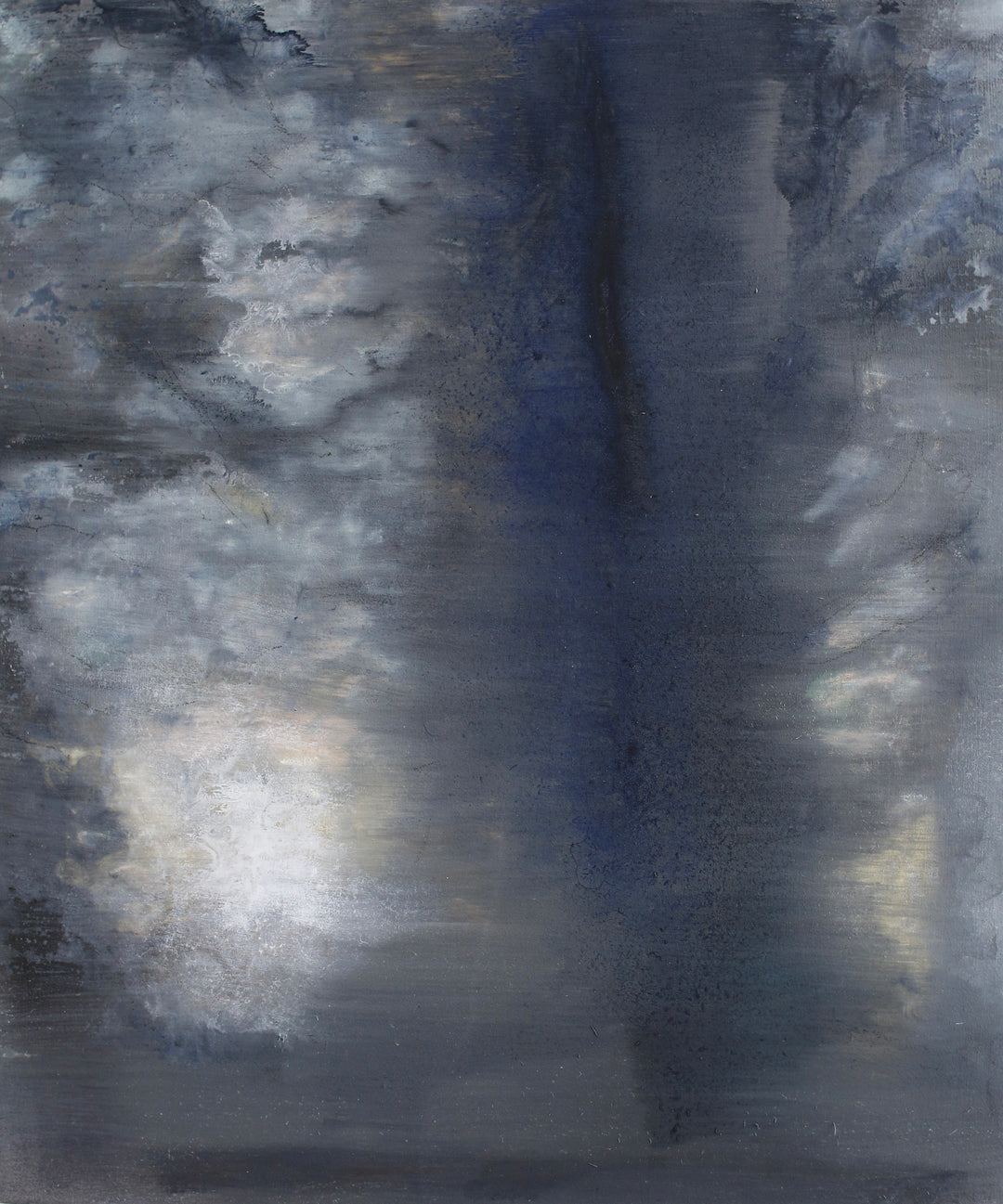 Dark abstract painting with deep navy tones and soft, cloud-like formations in white and grey