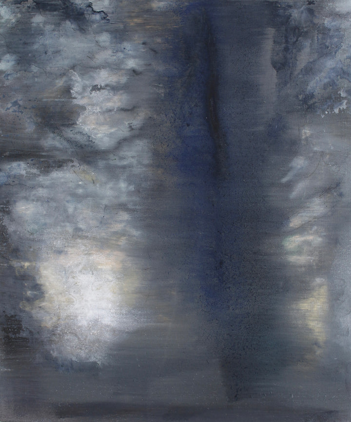 Dark abstract painting with deep navy tones and soft, cloud-like formations in white and grey