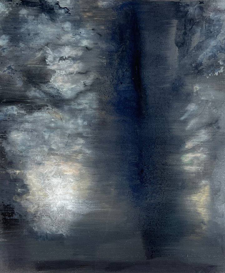 Dark abstract painting with deep navy tones and soft, cloud-like formations in white and grey.