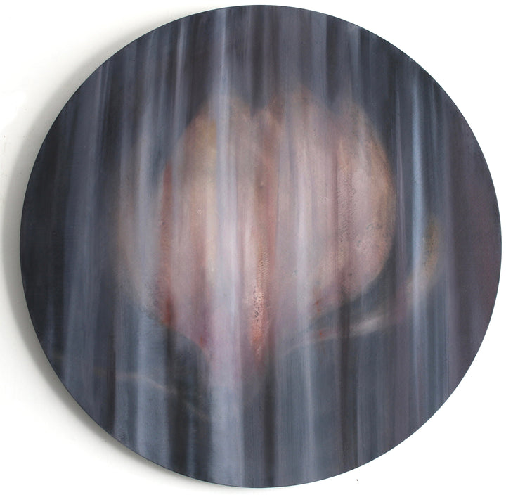 Abstract floral painting in deep plum and grey tones with vertical blurred texture.