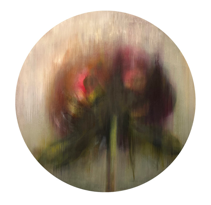 Abstract circular painting of a blurred flower with dark green and deep pink tones.