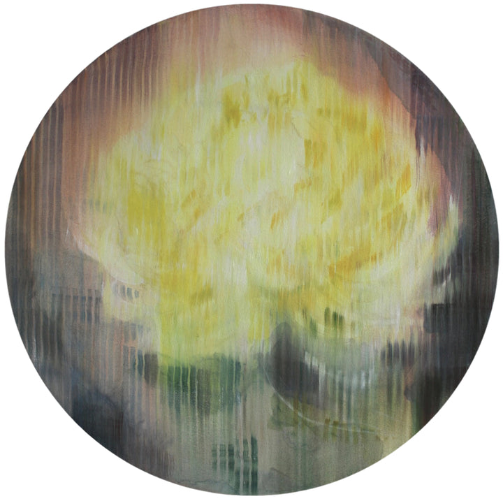 Abstract round painting of a yellow flower with blurred vertical texture on muted background.