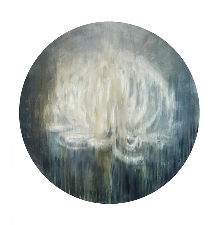 Circular abstract painting of a pale lotus-like bloom on silk and paper in cool grey-blue tones.