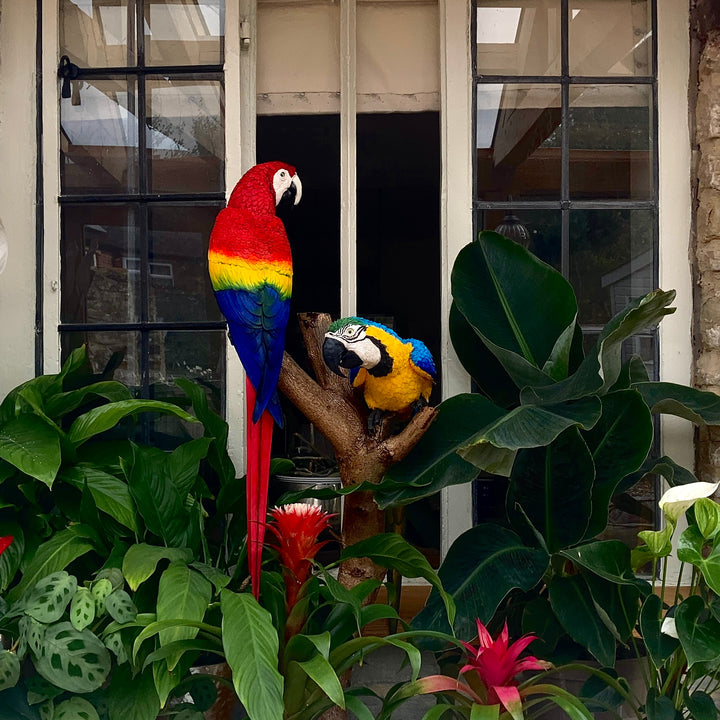 Two exquisitely lifelike macaw sculptures perched on a real wood branch — one in vivid scarlet red with blue and yellow accents, and the other in rich sky blue with golden yellow and green detailing — set against lush green foliage.