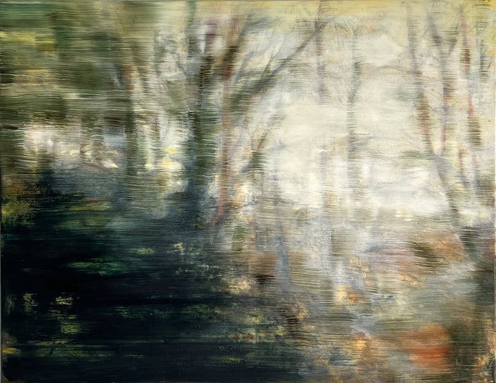 Abstract forest landscape in soft focus, with blurred trees and earthy tones fading into light.