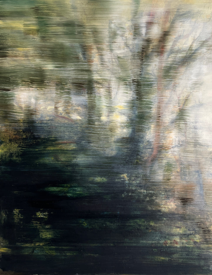 Abstract forest landscape in soft focus, with blurred trees and earthy tones fading into light.