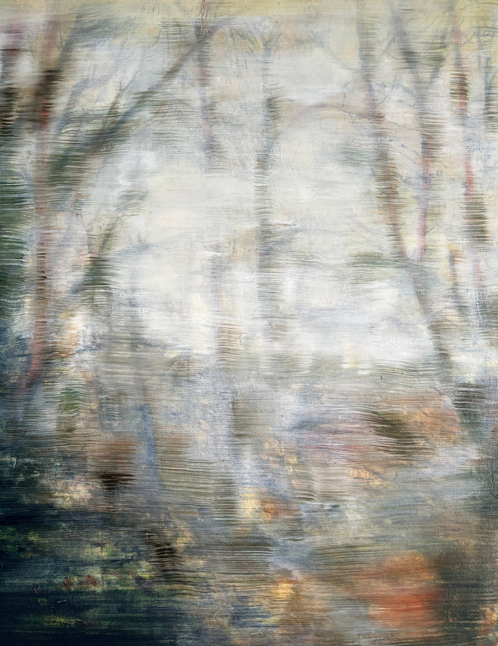 Abstract forest landscape in soft focus, with blurred trees and earthy tones fading into light.