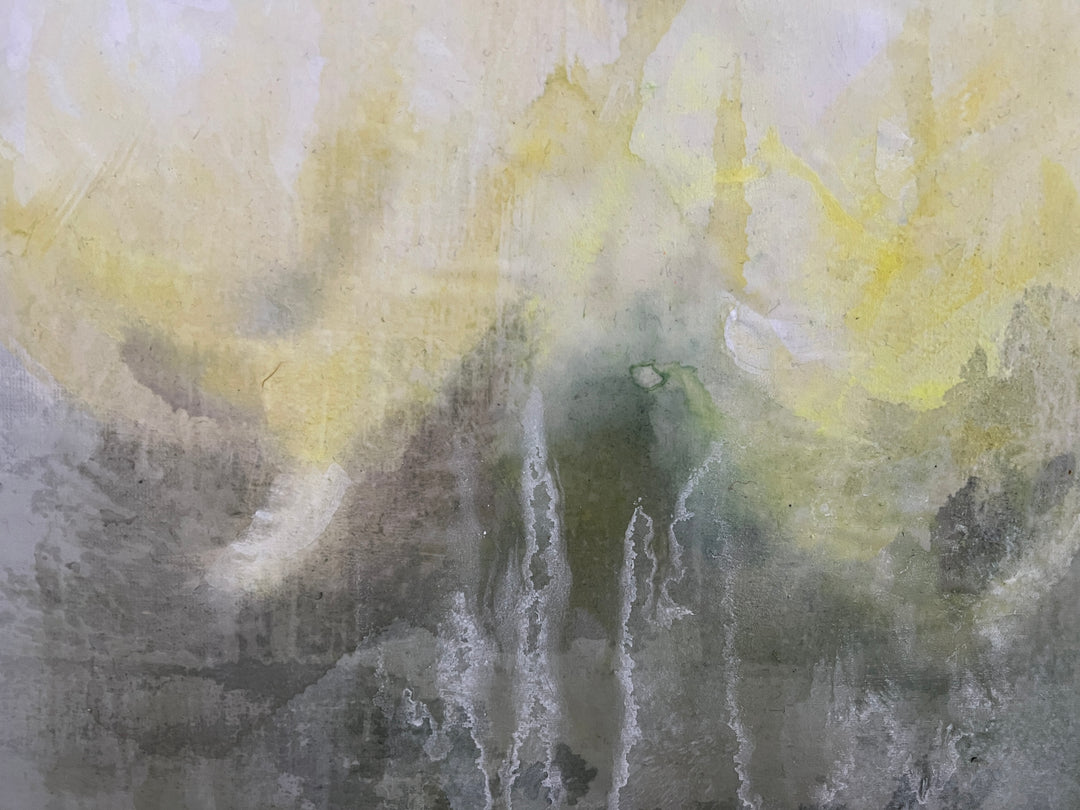 Soft abstract painting of white and cream flowers against a blurred grey and beige background.