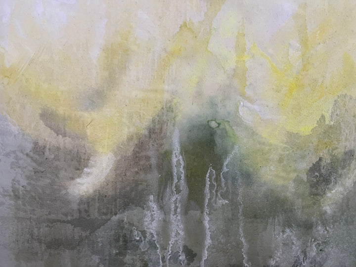 Soft abstract painting of white and cream flowers against a blurred grey and beige background.