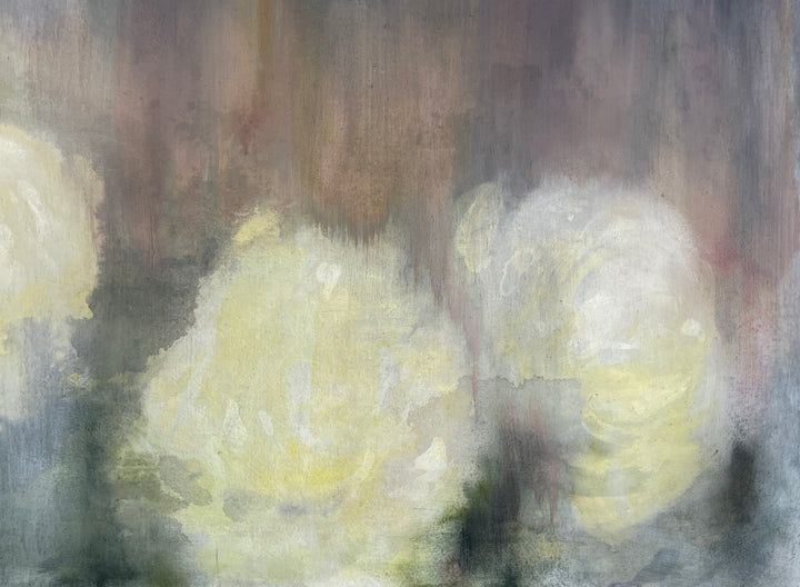 Soft abstract painting of white and cream flowers against a blurred grey and beige background.
