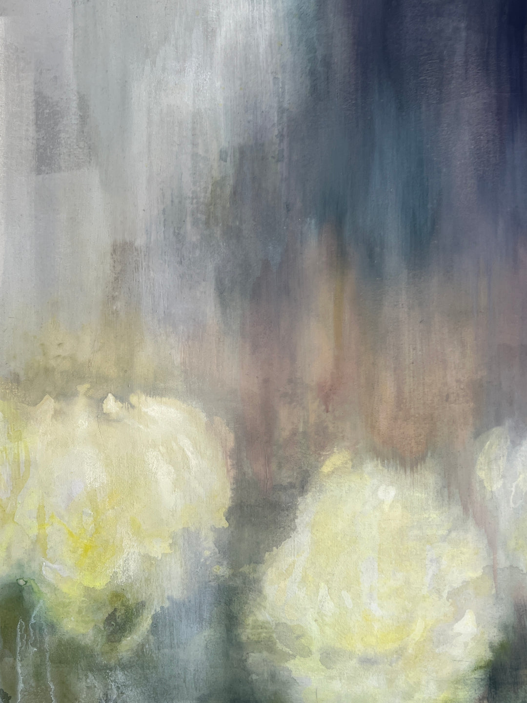 Soft abstract painting of white and cream flowers against a blurred grey and beige background.