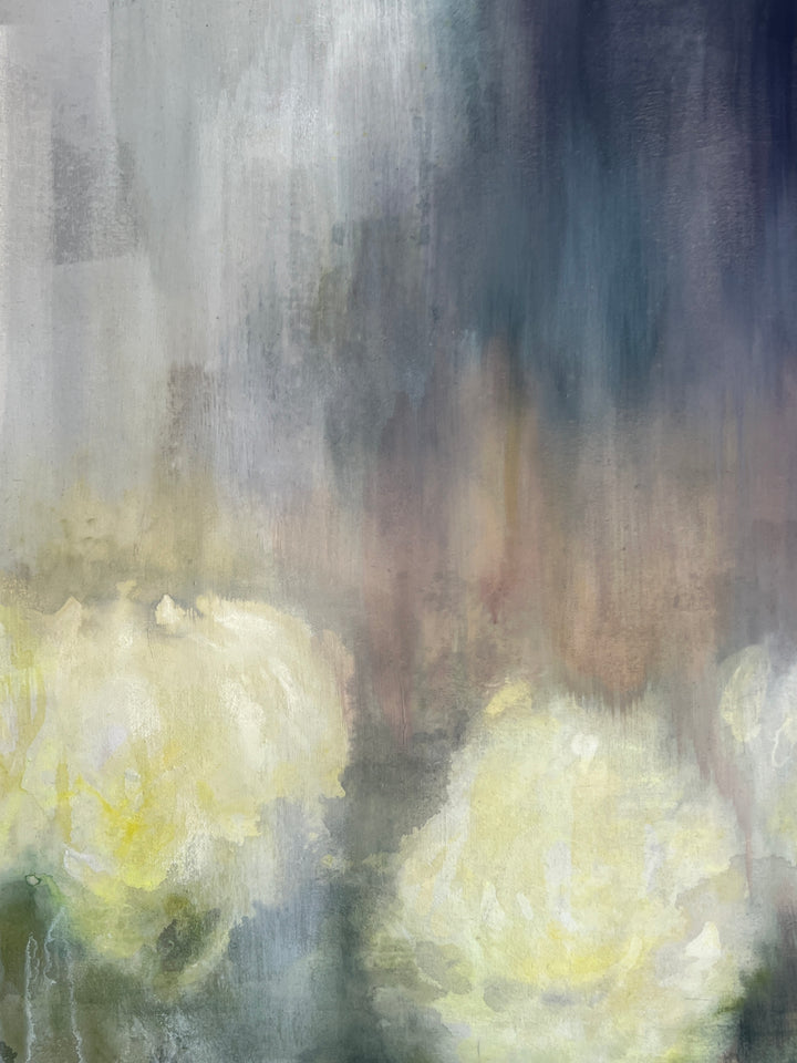 Soft abstract painting of white and cream flowers against a blurred grey and beige background.