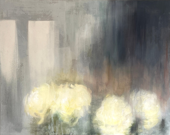 Soft abstract painting of white and cream flowers against a blurred grey and beige background.