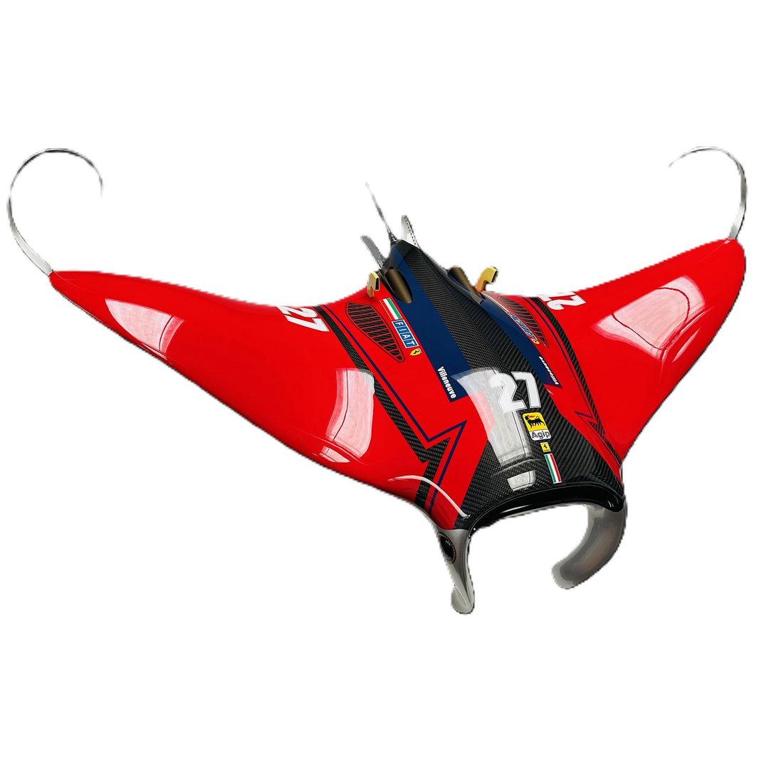 Alastair Gibson CarbonArt45 carbon fibre bespoke racing J manta ray sculpture with aluminium fins and Formula One components, suspended contemporary design