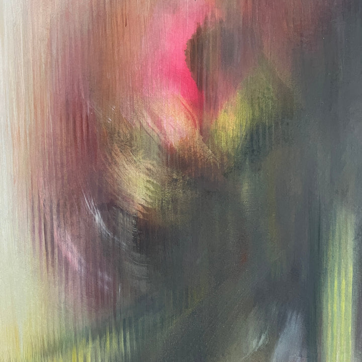 Abstract circular painting of a blurred flower with dark green and deep pink tones.