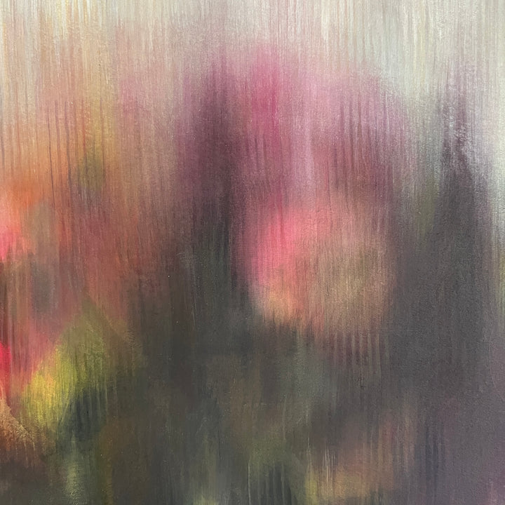 Abstract circular painting of a blurred flower with dark green and deep pink tones.