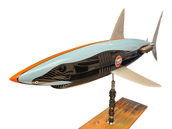 Alastair Gibson CarbonArt45 carbon fibre mako shark sculpture with aluminium fins and Formula One components, aerodynamic contemporary design