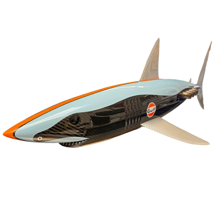 Alastair Gibson CarbonArt45 carbon fibre mako shark sculpture with aluminium fins and Formula One components, aerodynamic contemporary design