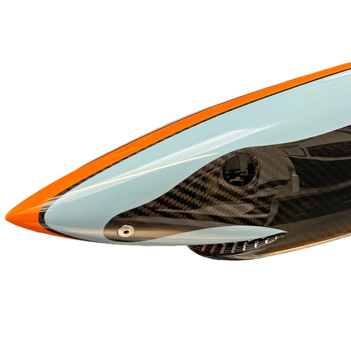 Alastair Gibson CarbonArt45 carbon fibre mako shark sculpture with aluminium fins and Formula One components, aerodynamic contemporary design