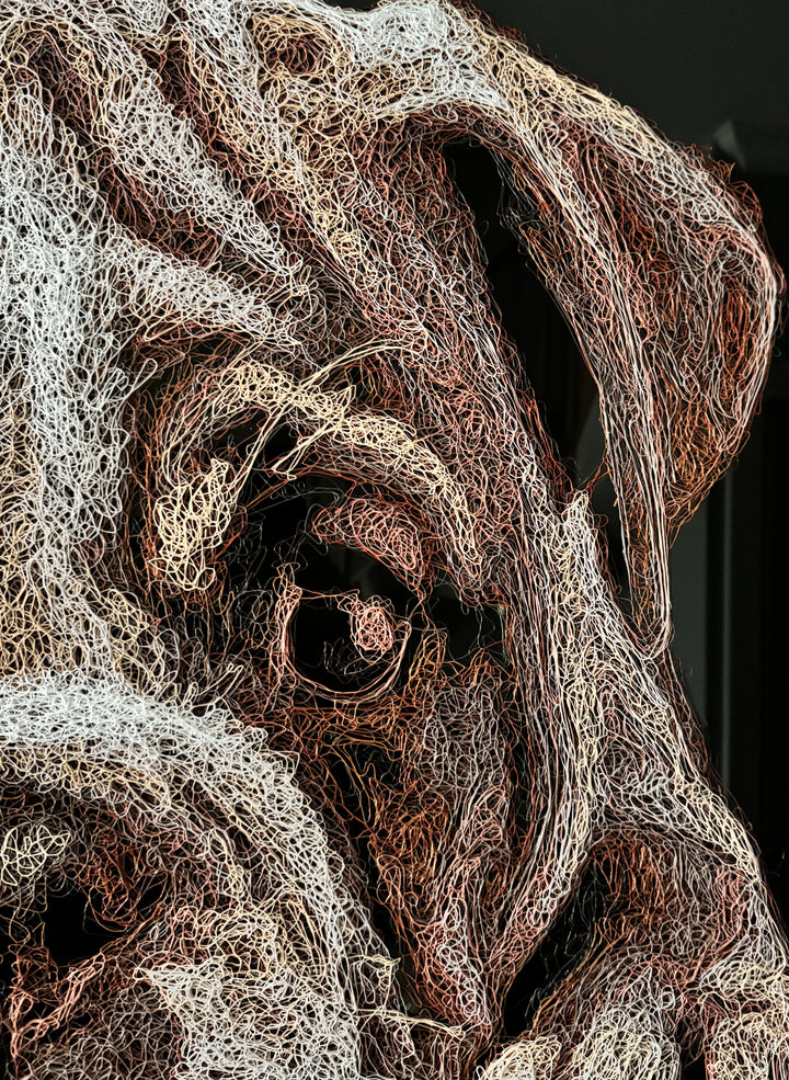 Vibrant injected-scribble artwork of a bulldog puppy resting at the edge of rippling water, its reflection distorted in swirling tones of white, tan, copper and brown, with dense textured linework creating a three-dimensional, energetic surface.