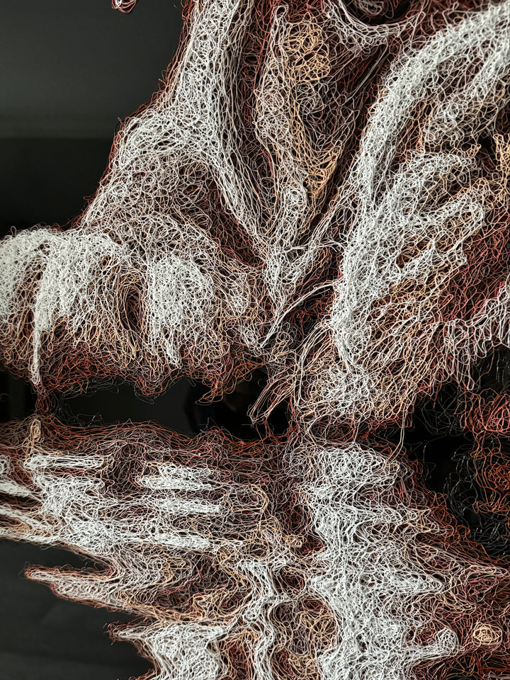 Vibrant injected-scribble artwork of a bulldog puppy resting at the edge of rippling water, its reflection distorted in swirling tones of white, tan, copper and brown, with dense textured linework creating a three-dimensional, energetic surface.