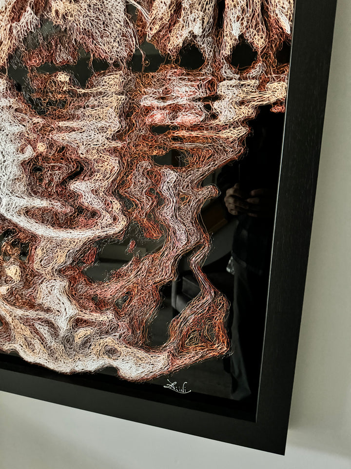 Vibrant injected-scribble artwork of a bulldog puppy resting at the edge of rippling water, its reflection distorted in swirling tones of white, tan, copper and brown, with dense textured linework creating a three-dimensional, energetic surface.