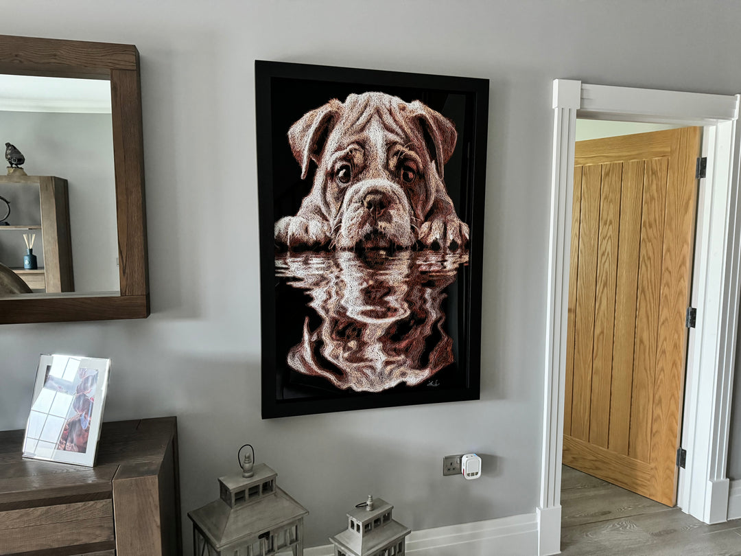 Vibrant injected-scribble artwork of a bulldog puppy resting at the edge of rippling water, its reflection distorted in swirling tones of white, tan, copper and brown, with dense textured linework creating a three-dimensional, energetic surface.