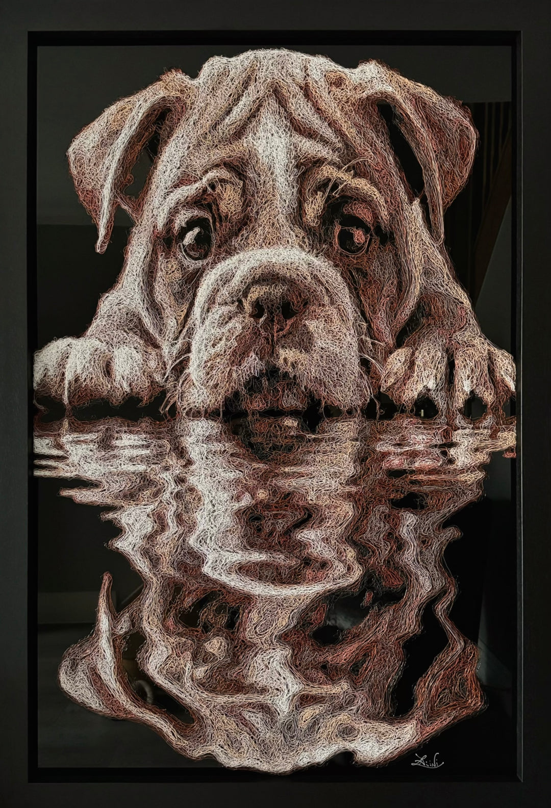 Vibrant injected-scribble artwork of a bulldog puppy resting at the edge of rippling water, its reflection distorted in swirling tones of white, tan, copper and brown, with dense textured linework creating a three-dimensional, energetic surface.