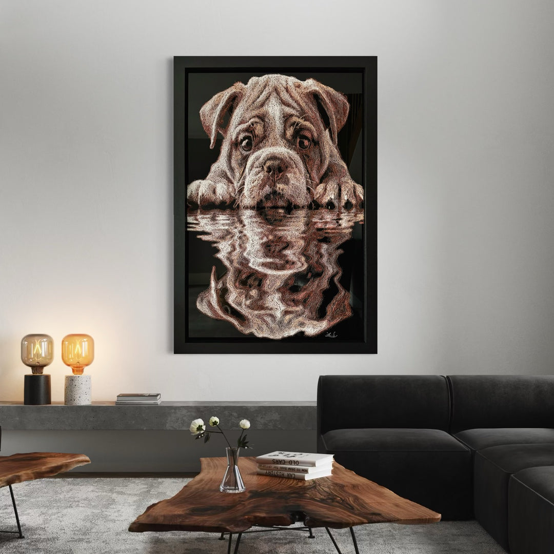 Vibrant injected-scribble artwork of a bulldog puppy resting at the edge of rippling water, its reflection distorted in swirling tones of white, tan, copper and brown, with dense textured linework creating a three-dimensional, energetic surface.