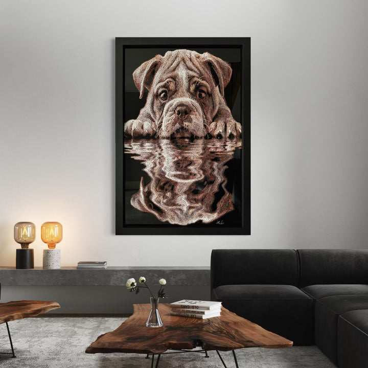 Vibrant injected-scribble artwork of a bulldog puppy resting at the edge of rippling water, its reflection distorted in swirling tones of white, tan, copper and brown, with dense textured linework creating a three-dimensional, energetic surface.