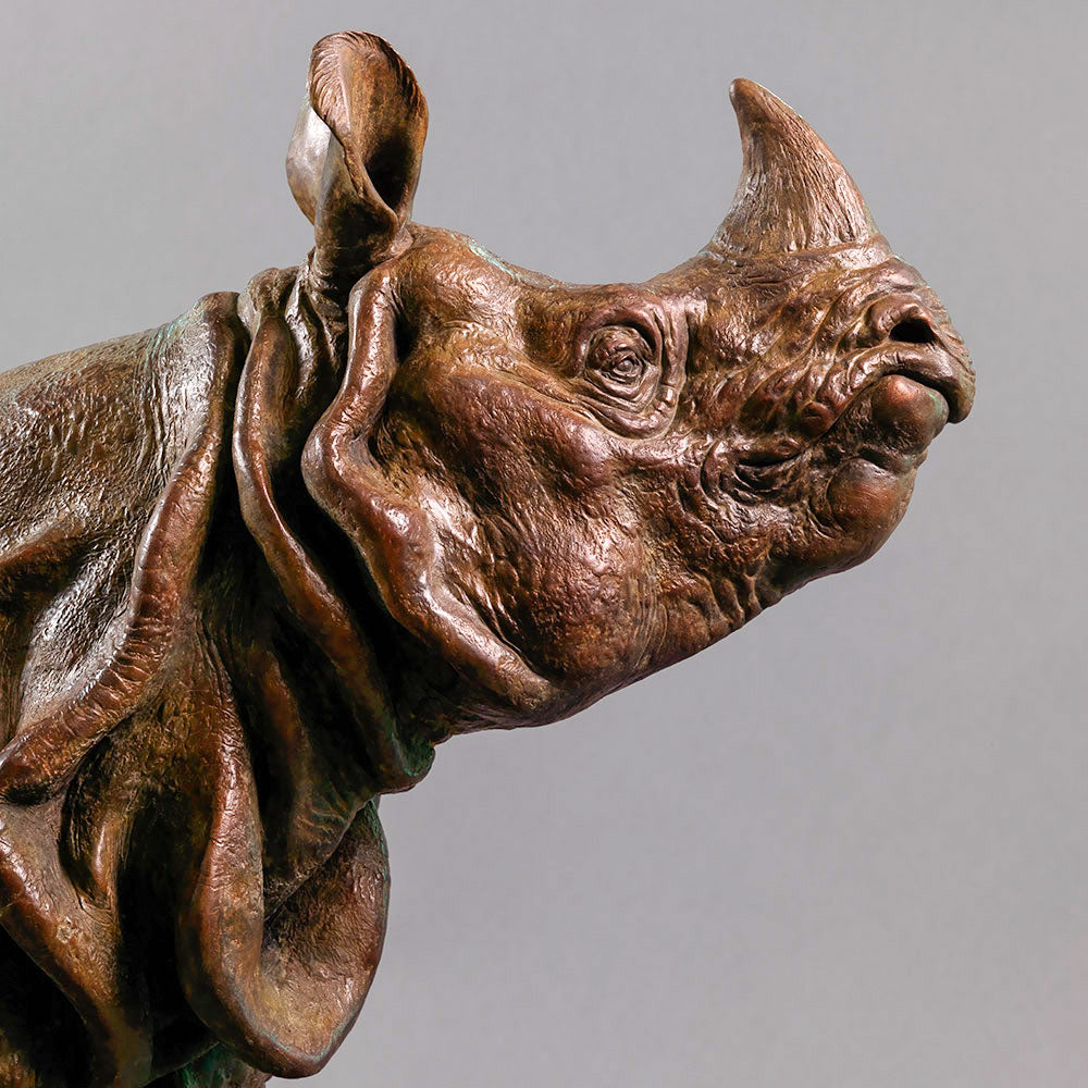 Large bronze Indian rhinoceros sculpture by Nick Bibby, showing armour-like skin folds, textured plates and powerful stance, finished in rich brown patina with subtle green tones on a polished stone plinth.