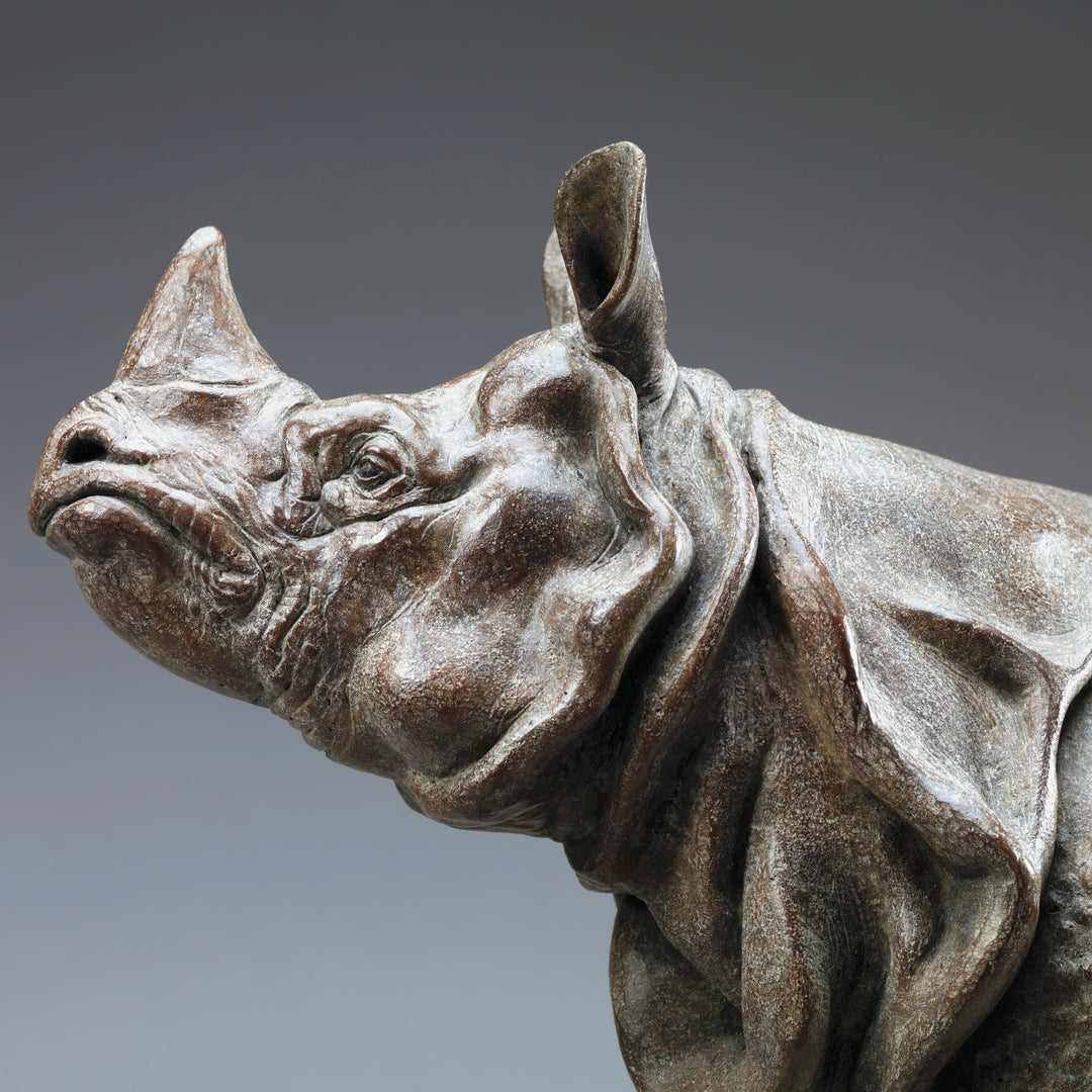 Large bronze Indian rhinoceros sculpture by Nick Bibby, showing armour-like skin folds, textured plates and powerful stance, finished in rich brown patina with subtle green tones on a polished stone plinth.
