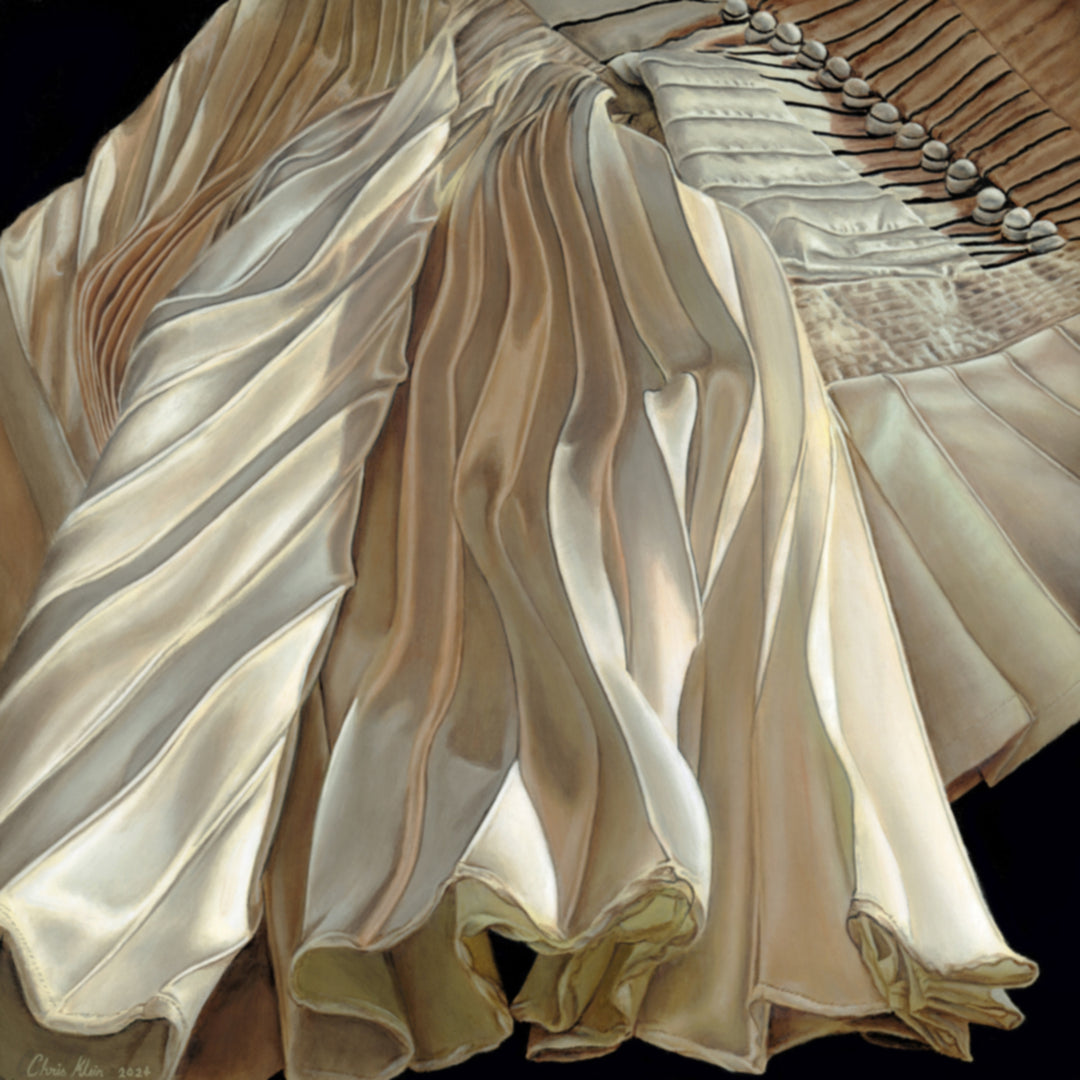 Hyper-realistic painting of an iconic stage costume, meticulously rendered in folds of cream, champagne, and gold silk. The artwork captures the texture, flow, and historical significance of Brian May’s 1974 angel-winged outfit, originally designed by Dame Zandra Rhodes and immortalised on stage by Queen.