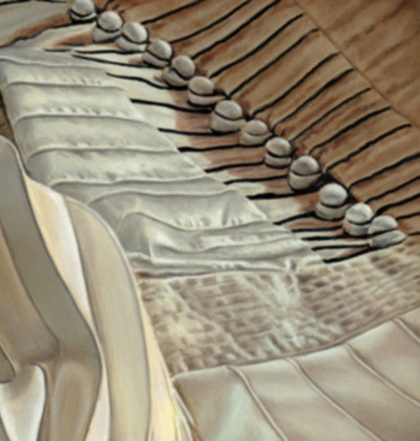 Hyper-realistic painting of an iconic stage costume, meticulously rendered in folds of cream, champagne, and gold silk. The artwork captures the texture, flow, and historical significance of Brian May’s 1974 angel-winged outfit, originally designed by Dame Zandra Rhodes and immortalised on stage by Queen.