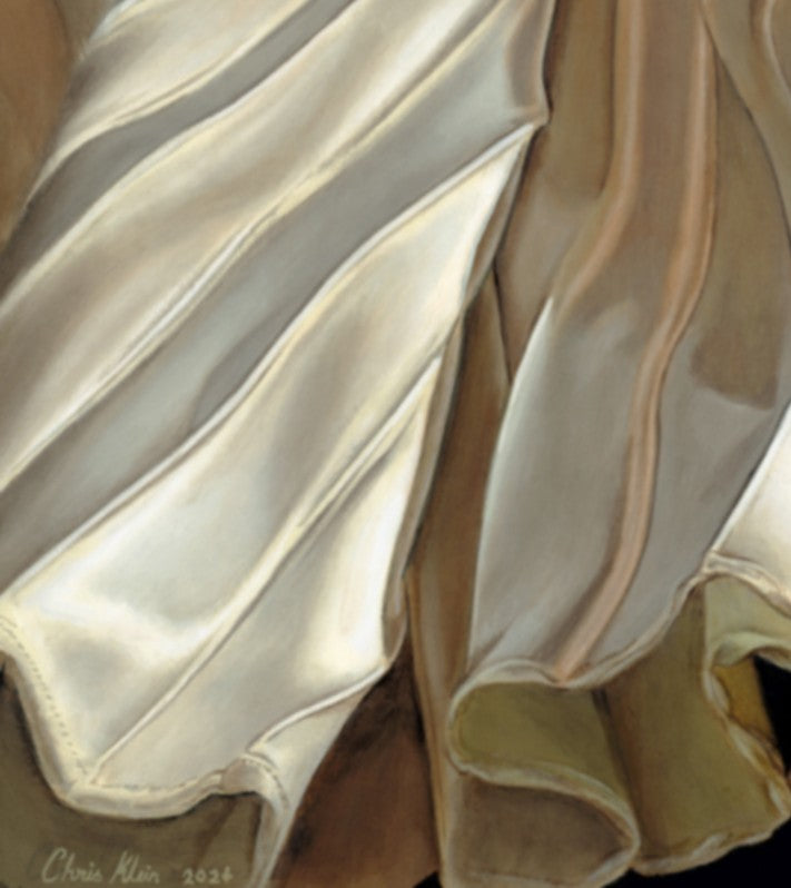 Hyper-realistic painting of an iconic stage costume, meticulously rendered in folds of cream, champagne, and gold silk. The artwork captures the texture, flow, and historical significance of Brian May’s 1974 angel-winged outfit, originally designed by Dame Zandra Rhodes and immortalised on stage by Queen.